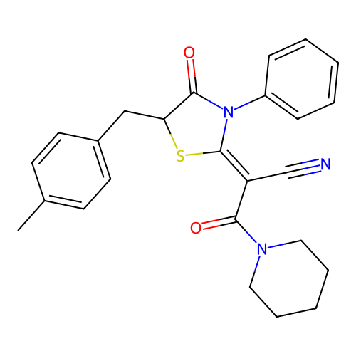 (2Z)-2-[5-(4-methylbenzyl)-4-oxo-3-phenyl-1,3-thiazolidin-2-ylidene]-3-oxo-3-(piperidin-1-yl)propanenitrile structure