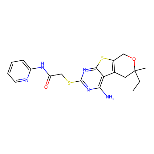 2-((4-amino-6-ethyl-6-methyl-6,8-dihydro-5H-pyrano[4',3':4,5]thieno[2,3-d]pyrimidin-2-yl)thio)-N-(pyridin-2-yl)acetamide structure