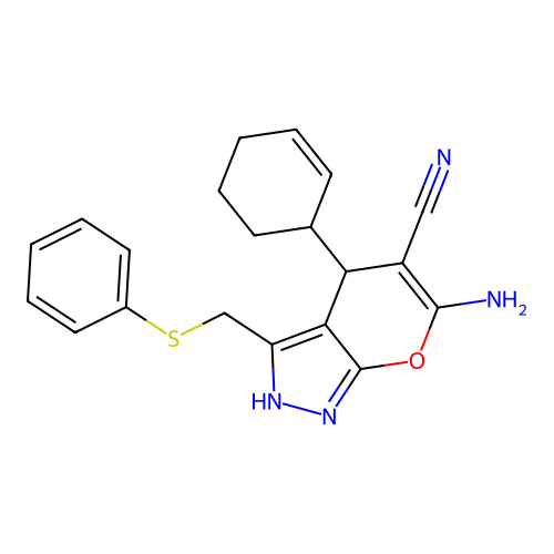 6-amino-4-(cyclohex-2-en-1-yl)-3-((phenylthio)methyl)-2,4-dihydropyrano[2,3-c]pyrazole-5-carbonitrile structure