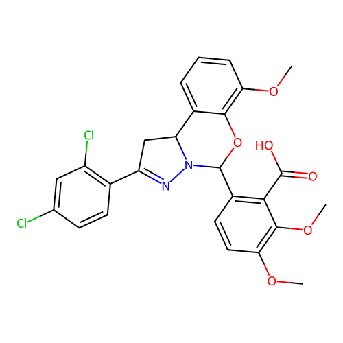 6-(2-(2,4-dichlorophenyl)-7-methoxy-5,10b-dihydro-1H-benzo[e]pyrazolo[1,5-c][1,3]oxazin-5-yl)-2,3-dimethoxybenzoic acid structure