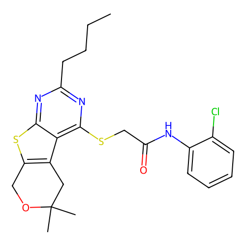 2-((2-butyl-6,6-dimethyl-6,8-dihydro-5H-pyrano[4',3':4,5]thieno[2,3-d]pyrimidin-4-yl)thio)-N-(2-chlorophenyl)acetamide structure