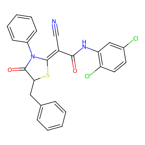 (Z)-2-(5-benzyl-4-oxo-3-phenylthiazolidin-2-ylidene)-2-cyano-N-(2,5-dichlorophenyl)acetamide structure