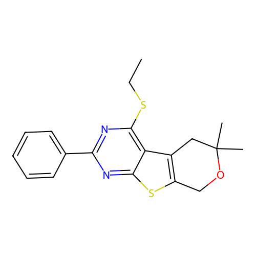 4-(ethylsulfanyl)-6,6-dimethyl-2-phenyl-5,8-dihydro-6H-pyrano[4',3':4,5]thieno[2,3-d]pyrimidine structure