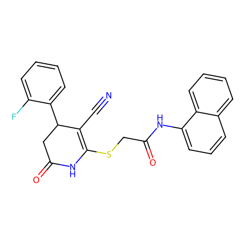 2-((3-cyano-4-(2-fluorophenyl)-6-oxo-1,4,5,6-tetrahydropyridin-2-yl)thio)-N-(naphthalen-1-yl)acetamide structure