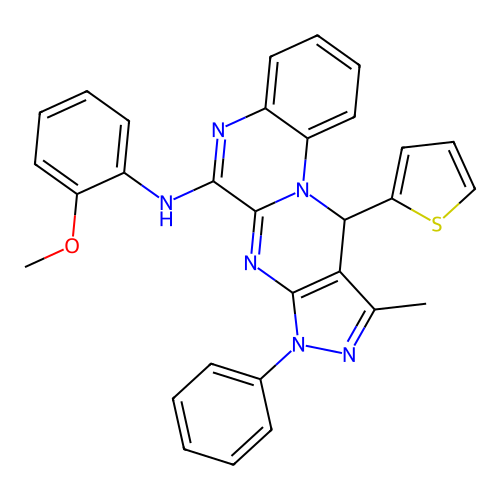 N-(2-methoxyphenyl)-10-methyl-8-phenyl-11-(thiophen-2-yl)-8,11-dihydropyrazolo[3',4':4,5]pyrimido[1,2-a]quinoxalin-6-amine structure