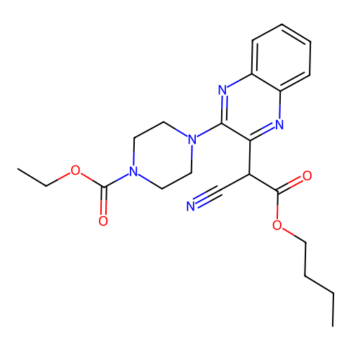 Ethyl 4-[3-(2-butoxy-1-cyano-2-oxoethyl)quinoxalin-2-yl]piperazine-1-carboxylate structure