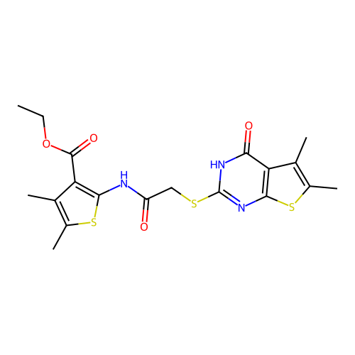 ethyl 2-({[(5,6-dimethyl-4-oxo-3,4-dihydrothieno[2,3-d]pyrimidin-2-yl)sulfanyl]acetyl}amino)-4,5-dimethylthiophene-3-carboxylate structure