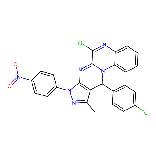 6-chloro-11-(4-chlorophenyl)-10-methyl-8-(4-nitrophenyl)-8,11-dihydropyrazolo[3',4':4,5]pyrimido[1,2-a]quinoxaline structure