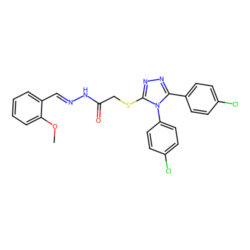 (E)-2-((4,5-bis(4-chlorophenyl)-4H-1,2,4-triazol-3-yl)thio)-N'-(2-methoxybenzylidene)acetohydrazide structure