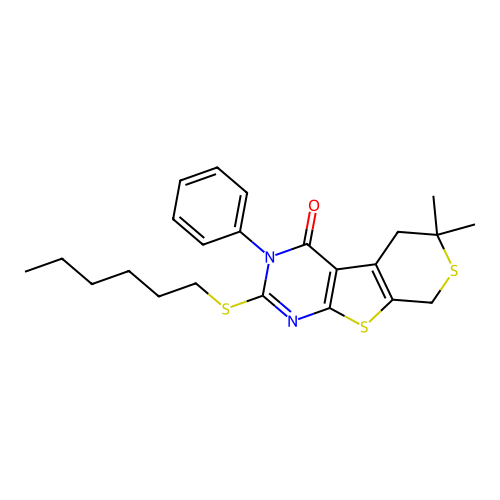 2-(hexylsulfanyl)-6,6-dimethyl-3-phenyl-3,5,6,8-tetrahydro-4H-thiopyrano[4',3':4,5]thieno[2,3-d]pyrimidin-4-one structure