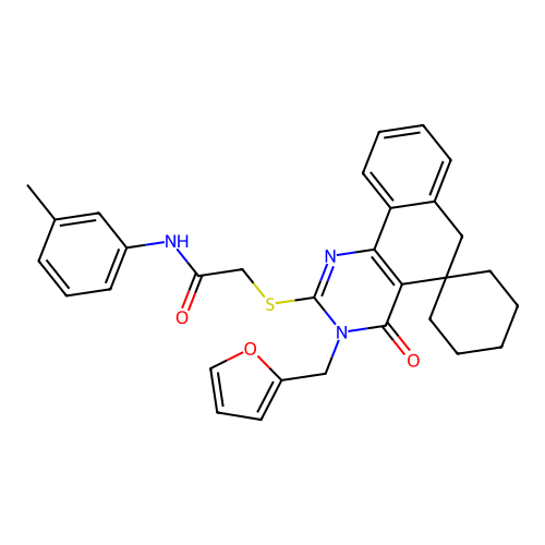 2-((3-(furan-2-ylmethyl)-4-oxo-4,6-dihydro-3H-spiro[benzo[h]quinazoline-5,1'-cyclohexan]-2-yl)thio)-N-(m-tolyl)acetamide structure