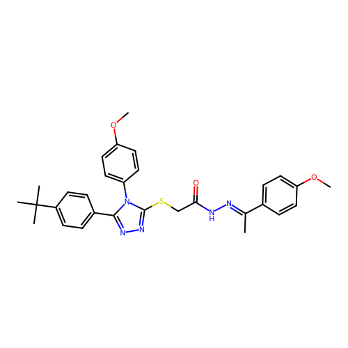 (E)-2-((5-(4-(tert-butyl)phenyl)-4-(4-methoxyphenyl)-4H-1,2,4-triazol-3-yl)thio)-N'-(1-(4-methoxyphenyl)ethylidene)acetohydrazide structure
