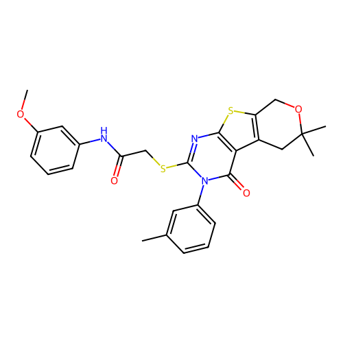 2-((6,6-dimethyl-4-oxo-3-(m-tolyl)-4,5,6,8-tetrahydro-3H-pyrano[4',3':4,5]thieno[2,3-d]pyrimidin-2-yl)thio)-N-(3-methoxyphenyl)acetamide structure