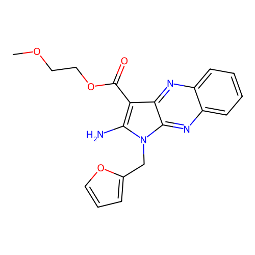 2-methoxyethyl 2-amino-1-(furan-2-ylmethyl)-1H-pyrrolo[2,3-b]quinoxaline-3-carboxylate structure