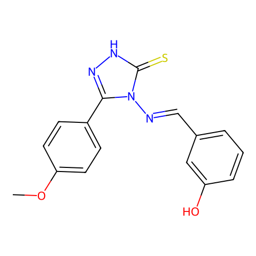 (E)-3-(((3-mercapto-5-(4-methoxyphenyl)-4H-1,2,4-triazol-4-yl)imino)methyl)phenol structure