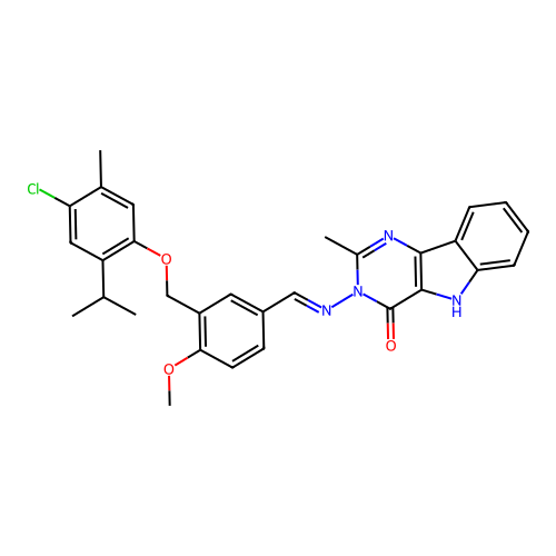 (E)-3-((3-((4-chloro-2-isopropyl-5-methylphenoxy)methyl)-4-methoxybenzylidene)amino)-2-methyl-3H-pyrimido[5,4-b]indol-4(5H)-one structure