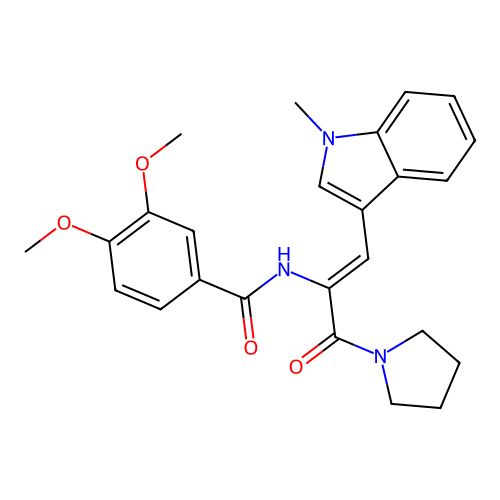 3,4-dimethoxy-N-[1-(1-methylindol-3-yl)-3-oxo-3-pyrrolidin-1-yl-prop-1-en-2-yl]benzamide structure