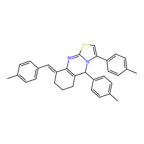 (E)-9-(4-methylbenzylidene)-3,5-di-p-tolyl-6,7,8,9-tetrahydro-5H-thiazolo[2,3-b]quinazoline structure