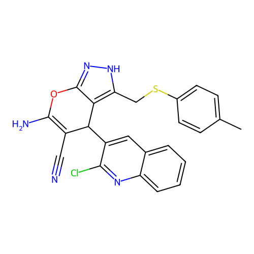6-amino-4-(2-chloroquinolin-3-yl)-3-((p-tolylthio)methyl)-2,4-dihydropyrano[2,3-c]pyrazole-5-carbonitrile structure