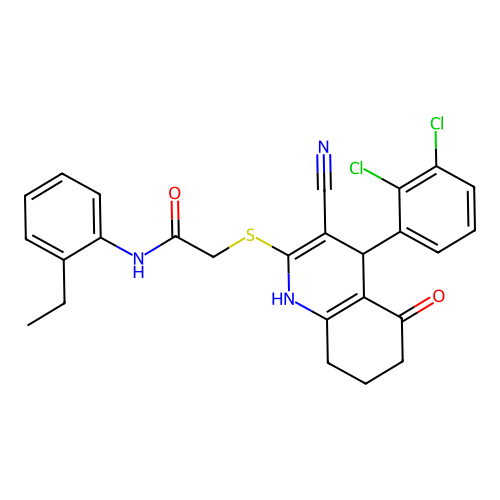 2-((3-cyano-4-(2,3-dichlorophenyl)-5-oxo-1,4,5,6,7,8-hexahydroquinolin-2-yl)thio)-N-(2-ethylphenyl)acetamide structure