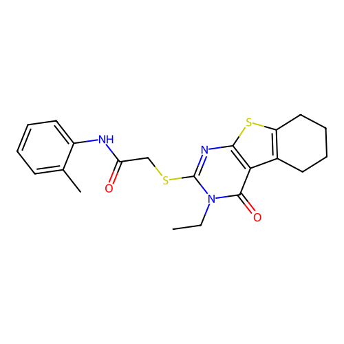 2-((3-ethyl-4-oxo-3,4,5,6,7,8-hexahydrobenzo[4,5]thieno[2,3-d]pyrimidin-2-yl)thio)-N-(o-tolyl)acetamide structure