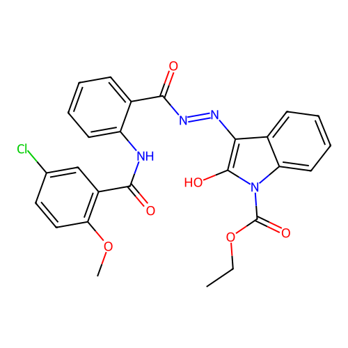 (Z)-ethyl 3-(2-(2-(5-chloro-2-methoxybenzamido)benzoyl)hydrazono)-2-oxoindoline-1-carboxylate structure