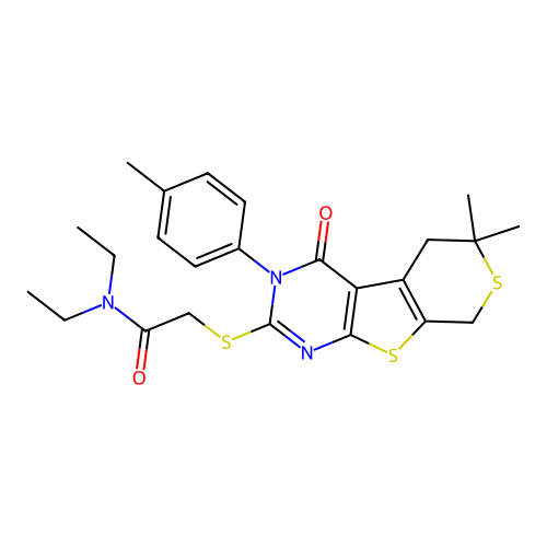 2-((6,6-dimethyl-4-oxo-3-(p-tolyl)-4,5,6,8-tetrahydro-3H-thiopyrano[4',3':4,5]thieno[2,3-d]pyrimidin-2-yl)thio)-N,N-diethylacetamide structure