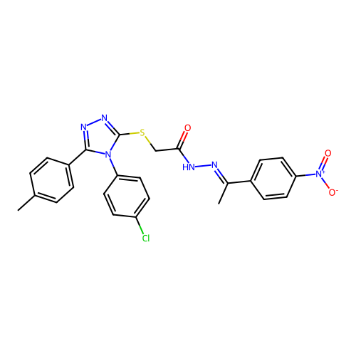 (E)-2-((4-(4-chlorophenyl)-5-(p-tolyl)-4H-1,2,4-triazol-3-yl)thio)-N'-(1-(4-nitrophenyl)ethylidene)acetohydrazide structure