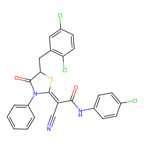 (2Z)-N-(4-chlorophenyl)-2-cyano-2-[5-(2,5-dichlorobenzyl)-4-oxo-3-phenyl-1,3-thiazolidin-2-ylidene]ethanamide structure