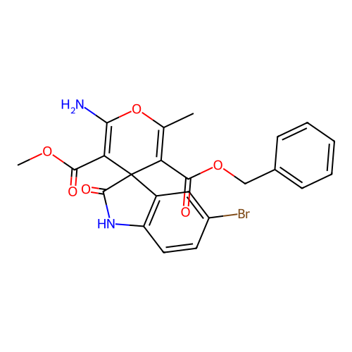 5'-benzyl 3'-methyl 2'-amino-5-bromo-6'-methyl-2-oxo-1,2-dihydrospiro[indole-3,4'-pyran]-3',5'-dicarboxylate structure