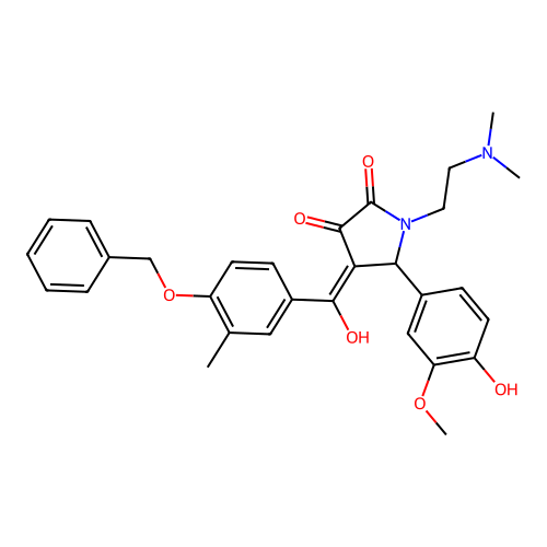 (4E)-1-(2-dimethylaminoethyl)-5-(4-hydroxy-3-methoxyphenyl)-4-[hydroxy-(3-methyl-4-phenylmethoxyphenyl)methylidene]pyrrolidine-2,3-dione structure