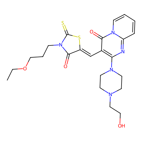 3-{(Z)-[3-(3-ethoxypropyl)-4-oxo-2-thioxo-1,3-thiazolidin-5-ylidene]methyl}-2-[4-(2-hydroxyethyl)piperazin-1-yl]-4H-pyrido[1,2-a]pyrimidin-4-one structure
