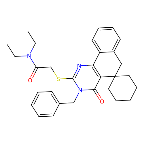 2-((3-benzyl-4-oxo-4,6-dihydro-3H-spiro[benzo[h]quinazoline-5,1'-cyclohexan]-2-yl)thio)-N,N-diethylacetamide structure