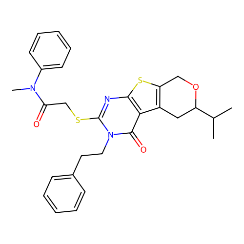 2-((6-isopropyl-4-oxo-3-phenethyl-4,5,6,8-tetrahydro-3H-pyrano[4',3':4,5]thieno[2,3-d]pyrimidin-2-yl)thio)-N-methyl-N-phenylacetamide structure