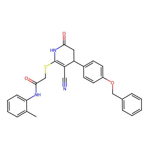 2-({4-[4-(benzyloxy)phenyl]-3-cyano-6-oxo-1,4,5,6-tetrahydropyridin-2-yl}sulfanyl)-N-(2-methylphenyl)acetamide structure