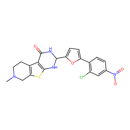 2-(5-(2-chloro-4-nitrophenyl)furan-2-yl)-7-methyl-2,3,5,6,7,8-hexahydropyrido[4',3':4,5]thieno[2,3-d]pyrimidin-4(1H)-one structure