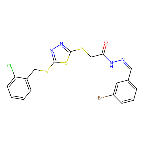 N-[(E)-(3-bromophenyl)methylideneamino]-2-[[5-[(2-chlorophenyl)methylsulfanyl]-1,3,4-thiadiazol-2-yl]sulfanyl]acetamide structure