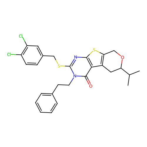 2-((3,4-dichlorobenzyl)thio)-6-isopropyl-3-phenethyl-5,6-dihydro-3H-pyrano[4',3':4,5]thieno[2,3-d]pyrimidin-4(8H)-one structure