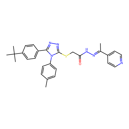 2-{[5-(4-tert-butylphenyl)-4-(4-methylphenyl)-4H-1,2,4-triazol-3-yl]sulfanyl}-N'-[(1E)-1-(pyridin-4-yl)ethylidene]acetohydrazide structure