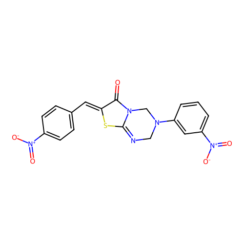 (7Z)-3-(3-nitrophenyl)-7-[(4-nitrophenyl)methylidene]-2,4-dihydro-[1,3]thiazolo[3,2-a][1,3,5]triazin-6-one structure
