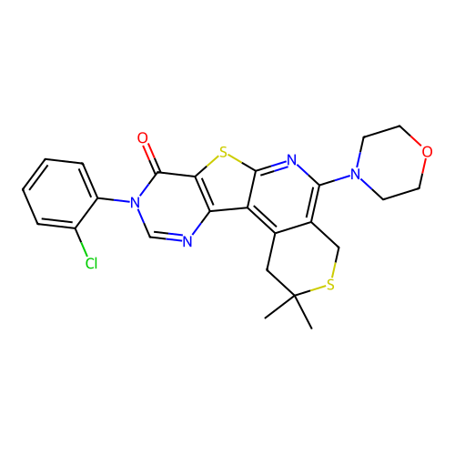 9-(2-chlorophenyl)-2,2-dimethyl-5-(morpholin-4-yl)-1,4-dihydro-2H-thiopyrano[4'',3'':4',5']pyrido[3',2':4,5]thieno[3,2-d]pyrimidin-8(9H)-one structure