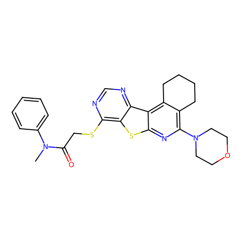 N-methyl-2-((5-morpholino-1,2,3,4-tetrahydropyrimido[4',5':4,5]thieno[2,3-c]isoquinolin-8-yl)thio)-N-phenylacetamide structure