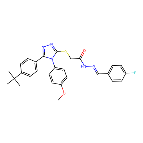 2-{[5-(4-tert-butylphenyl)-4-(4-methoxyphenyl)-4H-1,2,4-triazol-3-yl]sulfanyl}-N'-[(E)-(4-fluorophenyl)methylidene]acetohydrazide structure