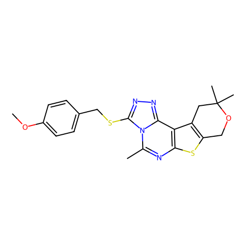3-((4-methoxybenzyl)thio)-5,10,10-trimethyl-10,11-dihydro-8H-pyrano[4',3':4,5]thieno[3,2-e][1,2,4]triazolo[4,3-c]pyrimidine structure