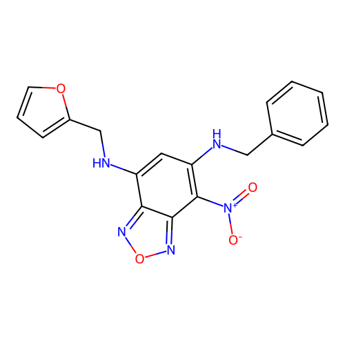 N~6~-benzyl-N~4~-(furan-2-ylmethyl)-7-nitro-2,1,3-benzoxadiazole-4,6-diamine structure