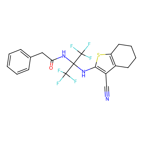 N-(2-((3-cyano-4,5,6,7-tetrahydrobenzo[b]thiophen-2-yl)amino)-1,1,1,3,3,3-hexafluoropropan-2-yl)-2-phenylacetamide structure