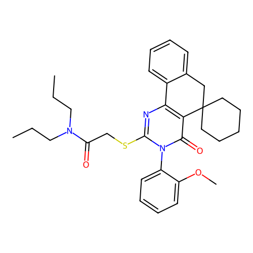 2-((3-(2-methoxyphenyl)-4-oxo-4,6-dihydro-3H-spiro[benzo[h]quinazoline-5,1'-cyclohexan]-2-yl)thio)-N,N-dipropylacetamide structure