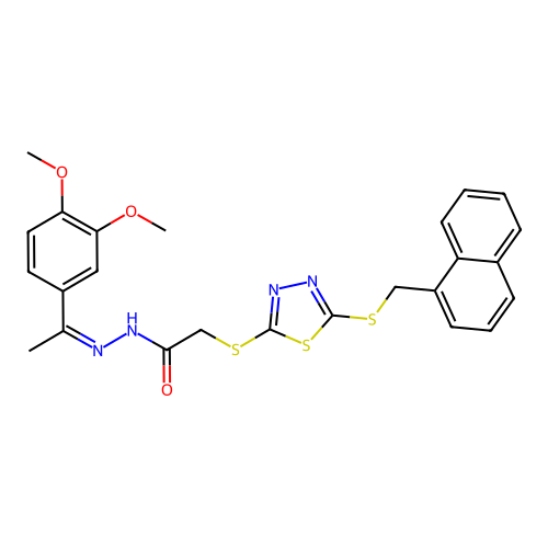 N-[(E)-1-(3,4-dimethoxyphenyl)ethylideneamino]-2-[[5-(naphthalen-1-ylmethylsulfanyl)-1,3,4-thiadiazol-2-yl]sulfanyl]acetamide structure