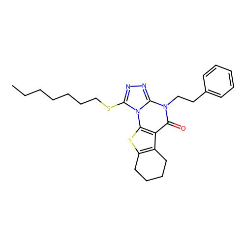 1-(heptylsulfanyl)-4-(2-phenylethyl)-6,7,8,9-tetrahydro[1]benzothieno[3,2-e][1,2,4]triazolo[4,3-a]pyrimidin-5(4H)-one structure