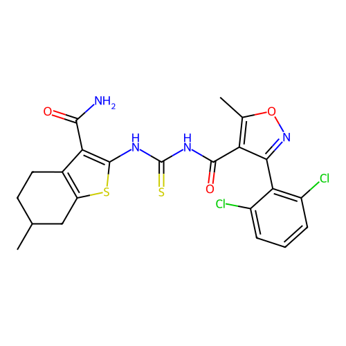 N-[(3-carbamoyl-6-methyl-4,5,6,7-tetrahydro-1-benzothiophen-2-yl)carbamothioyl]-3-(2,6-dichlorophenyl)-5-methyl-1,2-oxazole-4-carboxamide structure